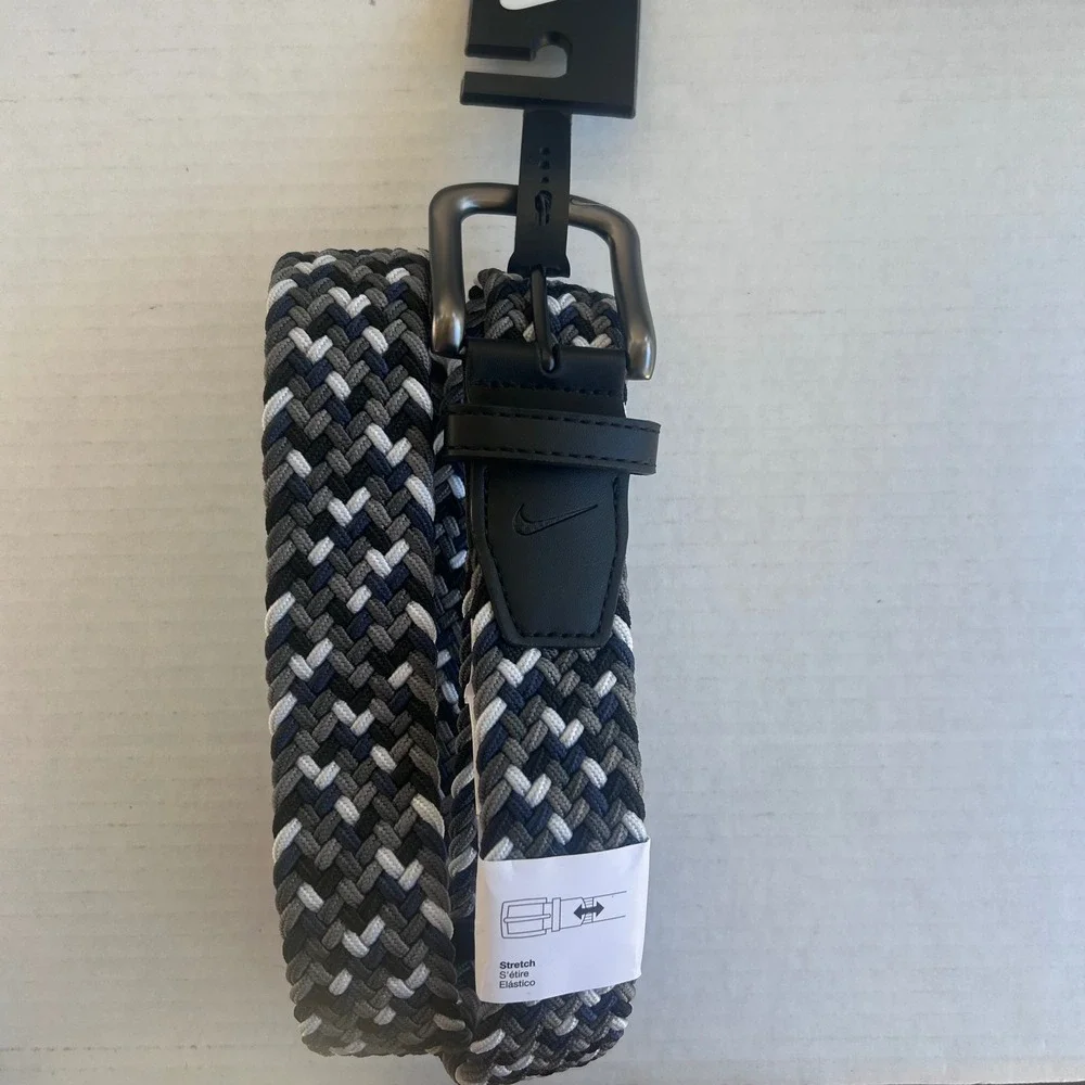 Nike Belt Men Large 38-40 Navy‎ Grey White Woven Braided Stretch Golf Essentials